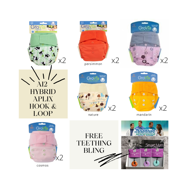 EVERYDAY SALE. Grovia AI2 APLIX &amp; SNAP Pack of 12x pcs Shell Cloth Diapers Girl Set. FREE 12x Inserts, 1x Pail liner, 2x Teething bling.