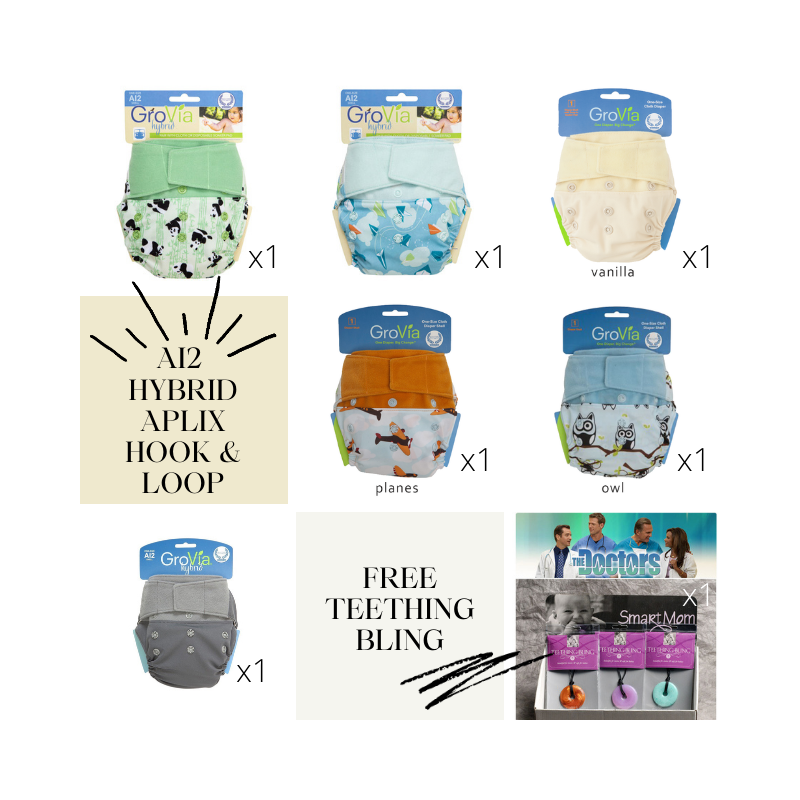 EVERYDAY SALE. Pack of 6x pcs. Grovia Aplix AI2. Shell Cloth Diapers Boys Set. FREE 6x inserts. FREE 2x Teething bling.