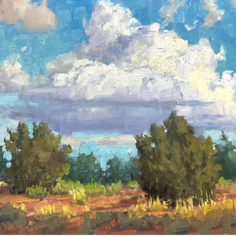 Clouds & Juniper - Original Oil Painting - 14x14”