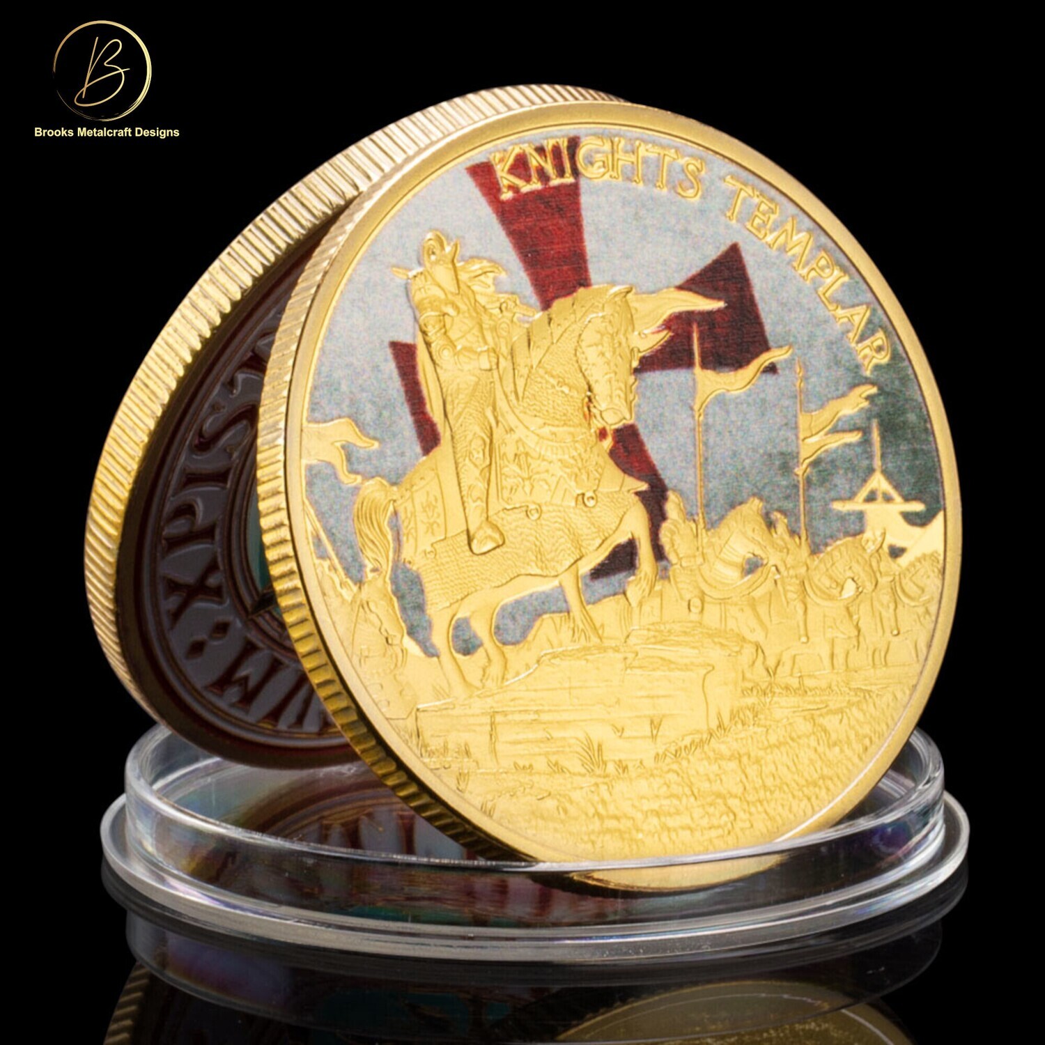 Knights Templar Riding Horse Colored Back Gold Challenge Coin