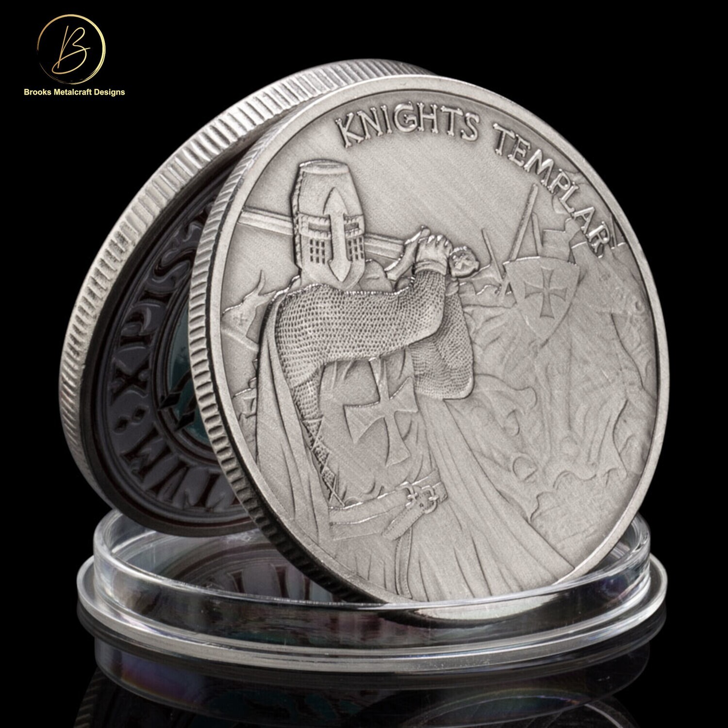Knights Templar Swinging Sword Antique Silver Challenge Coin
