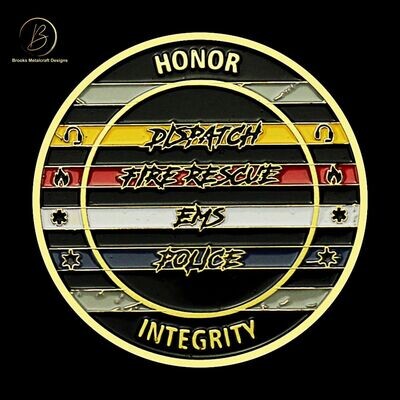 Gold Dispatch Fire Rescue EMS Police Working Together Challenge Coin