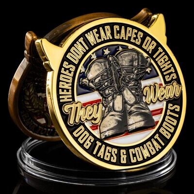 Dog Tags and Combat Boots Colorized in Gold Metal 3D Challenge Coin