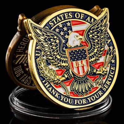 Dog Tags and Combat Boots Colorized in Gold Metal 3D Challenge Coin