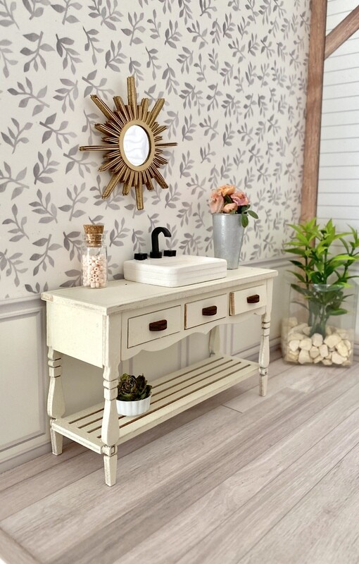 Farmhouse Side Table Vanity with optional Sink – 1/12 Dollhouse DIY Kit