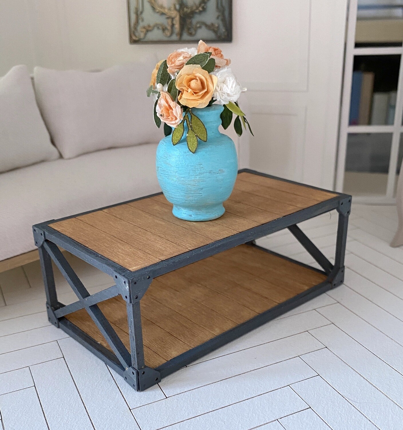 Industrial Style Coffee Table &quot;Metal &amp; Wood&quot; – 1/12 scale miniature DIY Kit - Dollhouse Furniture