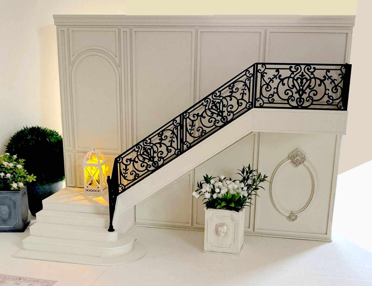 The Grand Staircase Wall with wrought iron railings, curved steps, wall moulding, stucco emblem – Part of the Florence Residence – 1:6 scale DIY kit