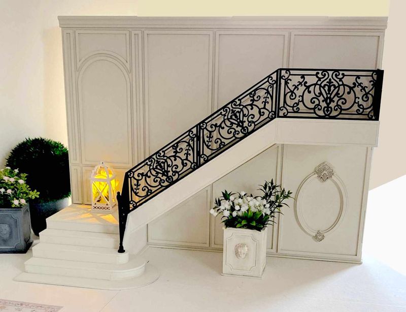 The Grand Staircase Wall with wrought iron railings, curved steps, wall moulding, stucco emblem – Part of the Florence Residence – 1:6 scale DIY kit