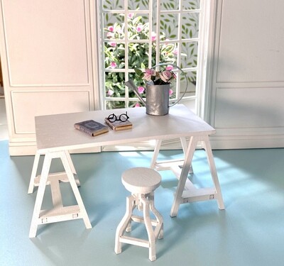 Trestle Table + Stool – 1/12 scale Dollhouse DIY Kit