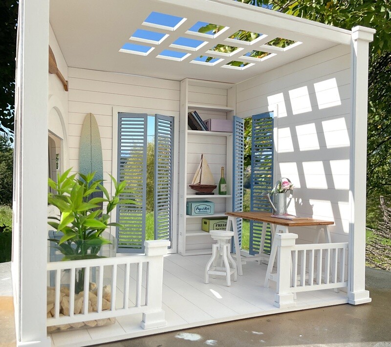 The Beach House Roombox 1/12 DIY kit including shutter doors, paddle, surfboard, shelf, bench and mini sailboat kit