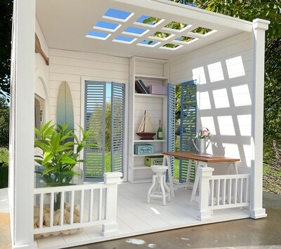 The Beach House Roombox 1/12 DIY kit including shutter doors, paddle, surfboard, shelf, bench and mini sailboat kit