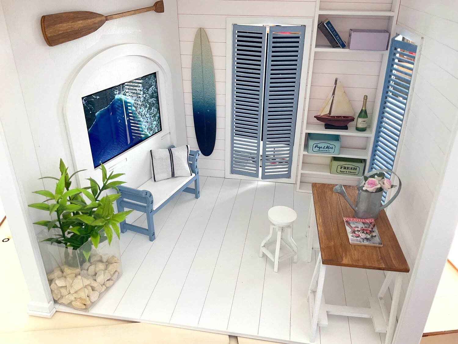 The Beach House Roombox 1/12 DIY kit including shutter doors, paddle, surfboard, shelf, bench and mini sailboat kit