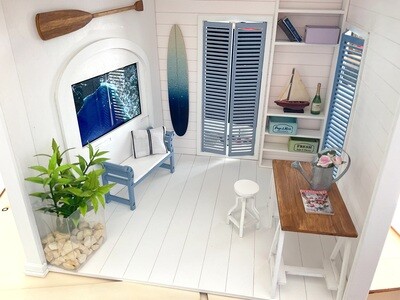 The Beach House Roombox 1/12 DIY kit including shutter doors, paddle, surfboard, shelf, bench and mini sailboat kit