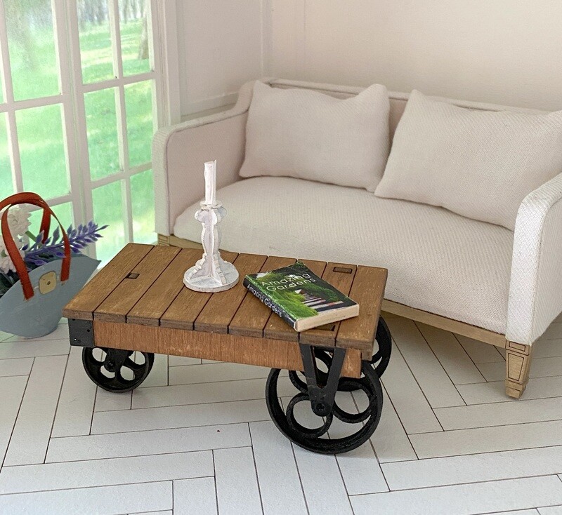 Industrial Cart Coffee Table on 3 wheels – 1/12 scale miniature DIY Kit - Dollhouse Furniture