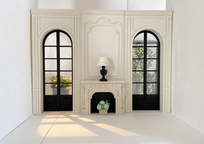 The Fireplace Wall with 2 arched doors and luxuriant fireplace mantel – 1:6 scale DIY kit