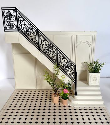 The NEW Grand Staircase Wall with wrought iron railings, curved steps. Separate wall with moulding. Left or right optional. 1:6 scale DIY kit.