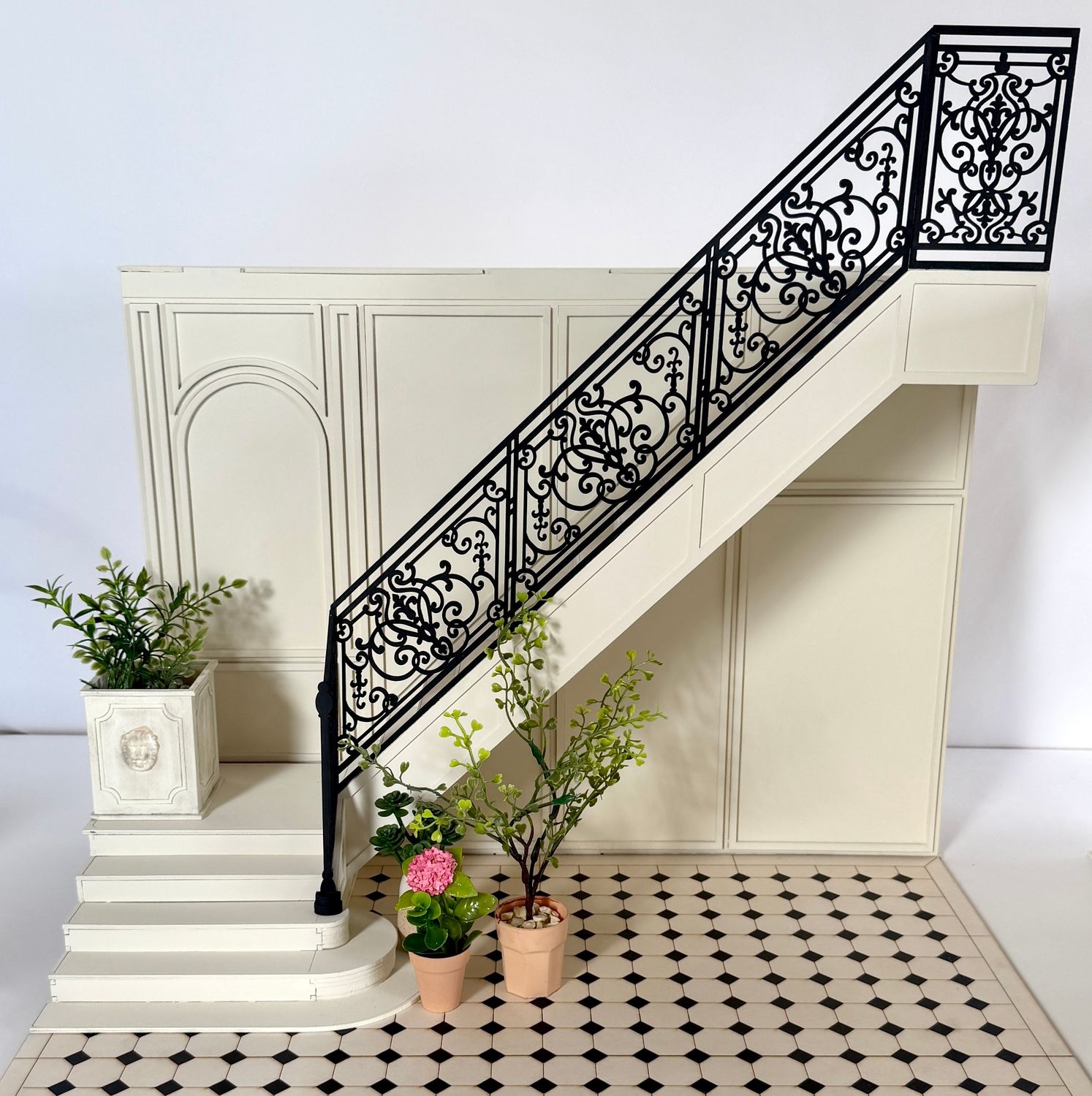 The NEW Grand Staircase Wall with wrought iron railings, curved steps. Separate wall with moulding. Left or right optional. 1:6 scale DIY kit. Florence