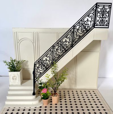 The NEW Grand Staircase Wall with wrought iron railings, curved steps. Separate wall with moulding. Left or right optional. 1:6 scale DIY kit.