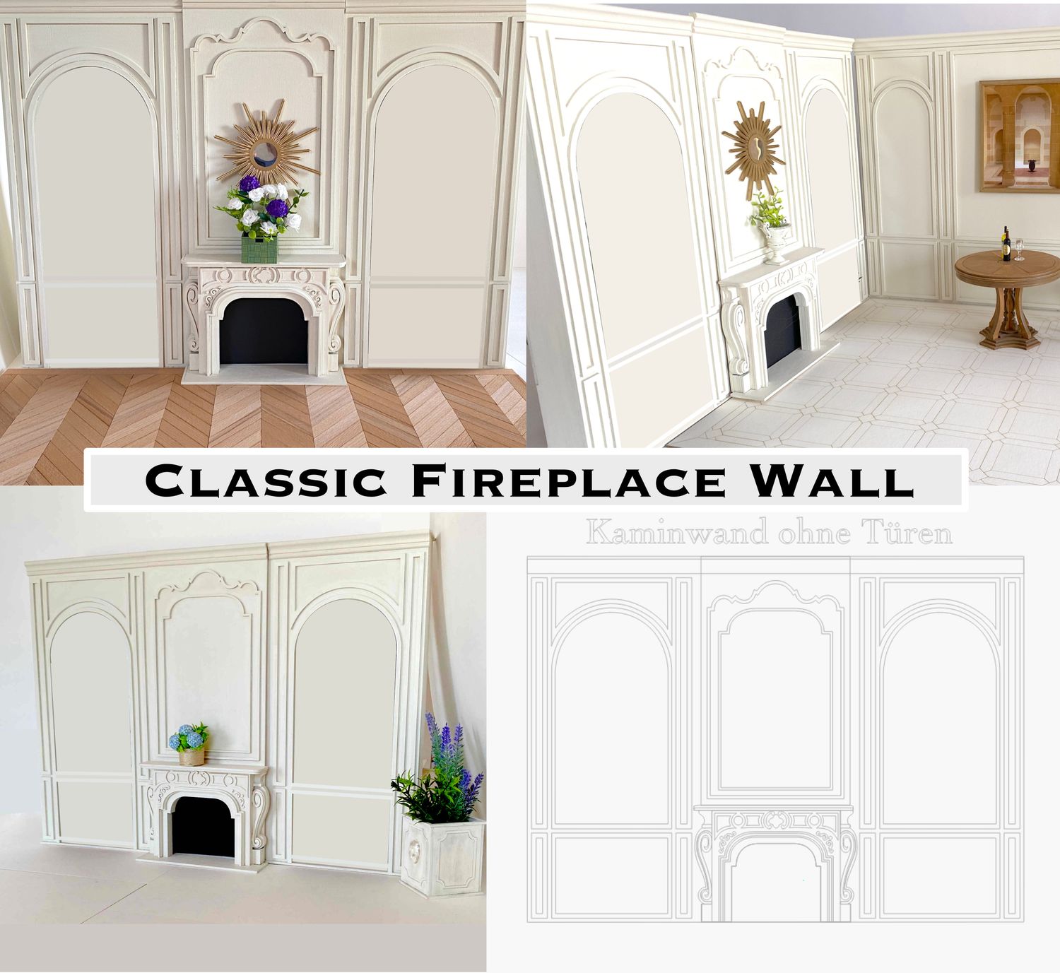 The Classic Fireplace Wall (no doors!) with a luxuriant fireplace mantel – 1:6 scale DIY kit