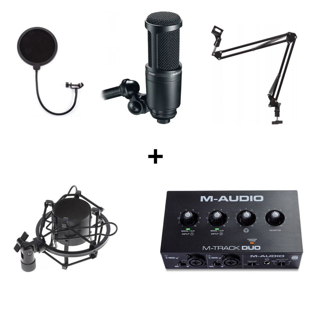 Pack de micrófono + soporte + araña + interfaz de audio + cables