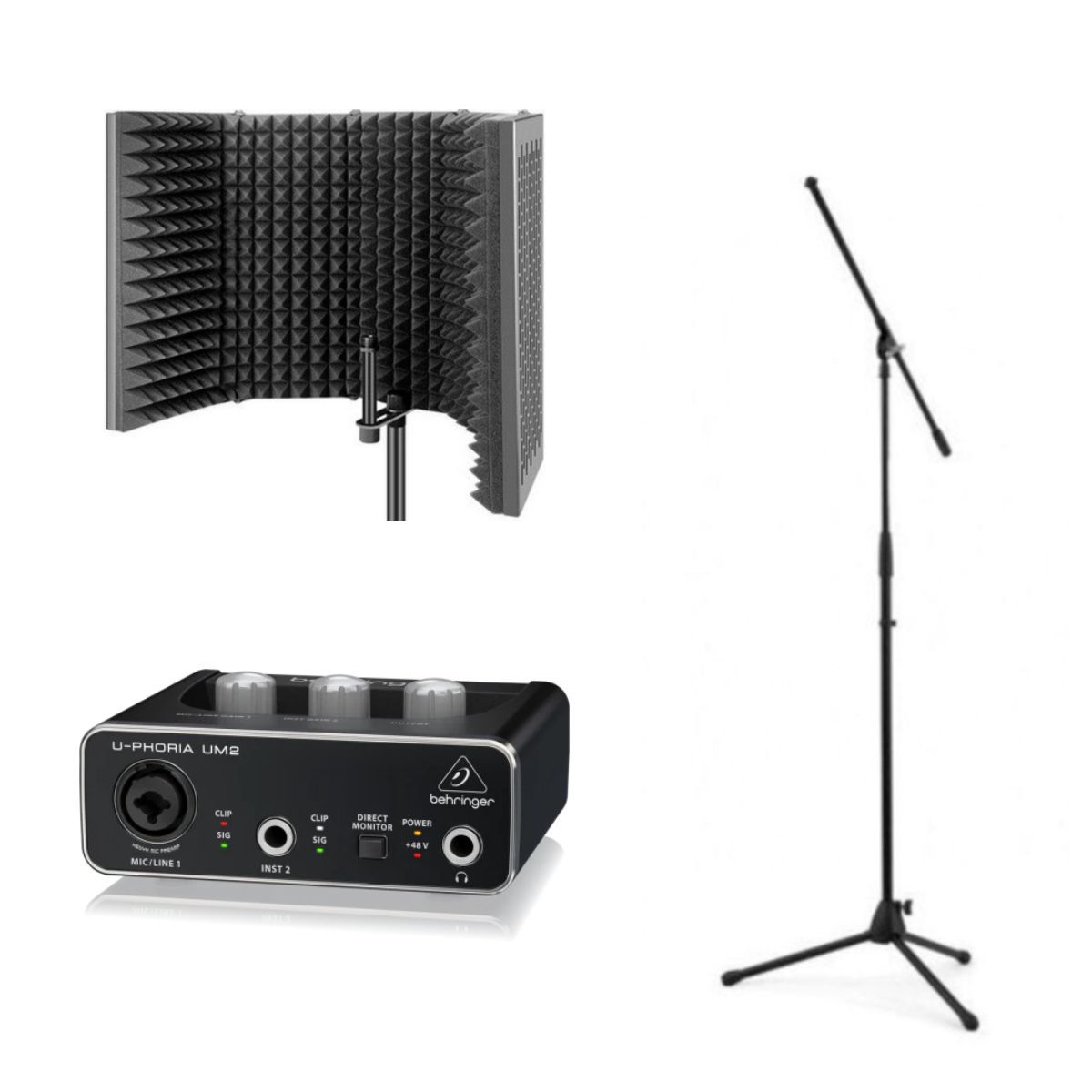 Panel Acustico Para Microfono + Jirafa + Interfaz de audio Behringer UM2