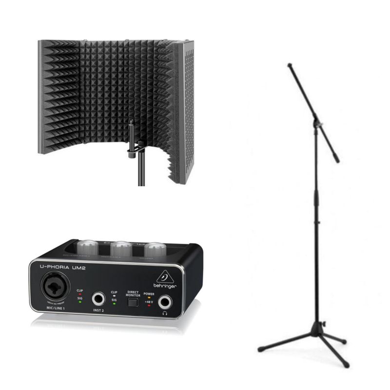Panel Acustico Para Microfono + Jirafa + Interfaz de audio Behringer UM2