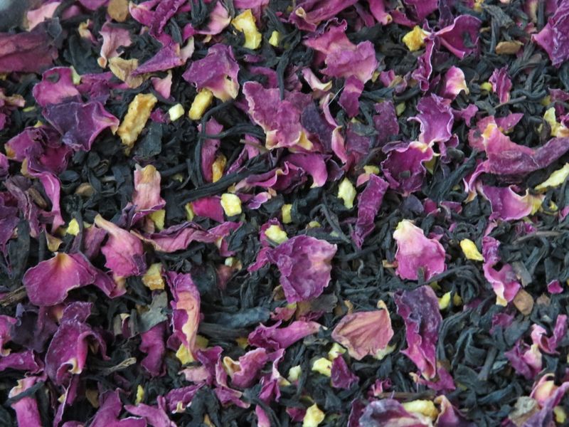 Zoomed in image of a blend of Black Tea, Orange Peel, and Rose Petals
