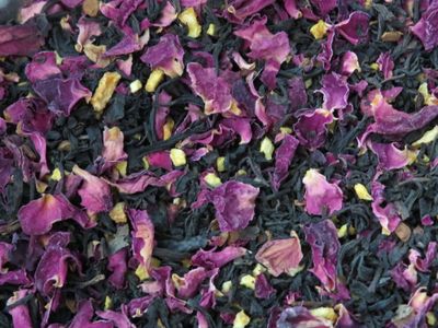 Zoomed in image of a blend of Black Tea, Orange Peel, and Rose Petals
