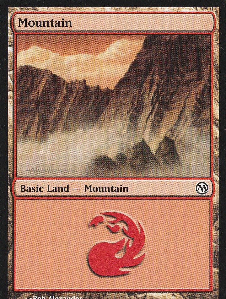 A scan of a Magic the Gathering Mountain Land card.