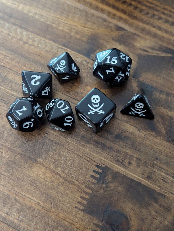 A black dice set, white lettering, a skull and cutlasses in place of the high number for each.