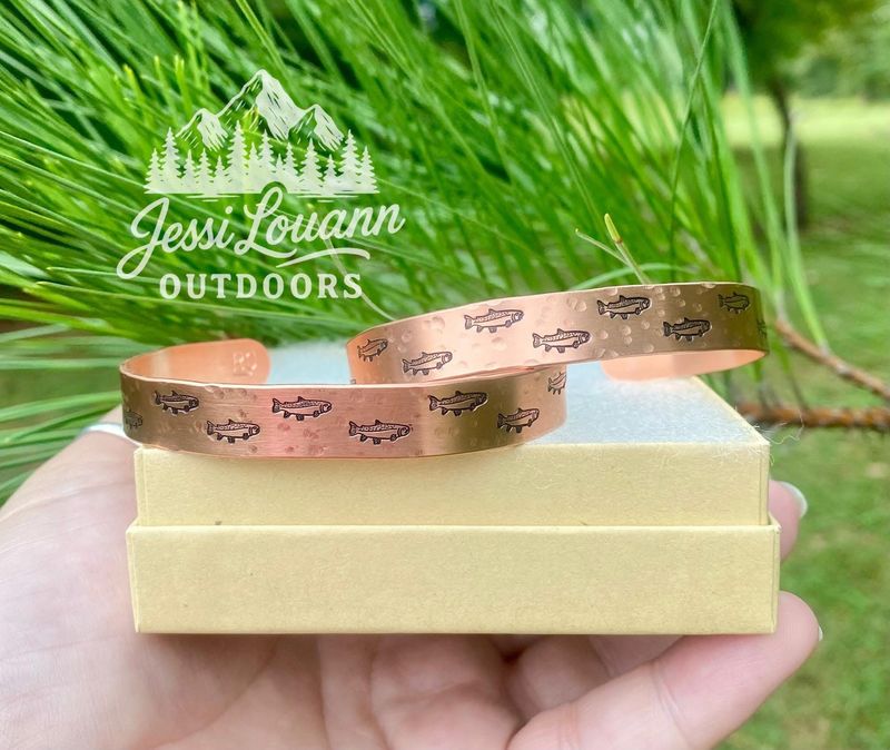 Trout hand Stamped/hammered Copper Cuff 3/8