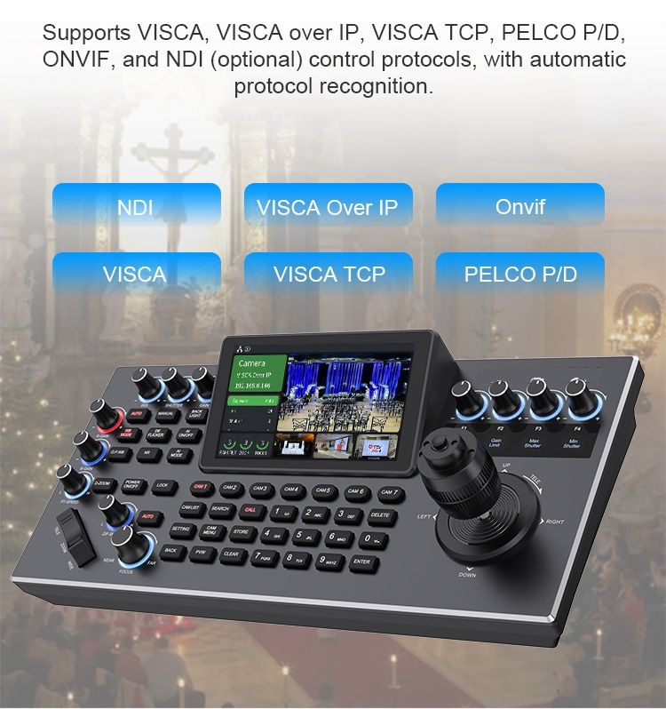Four-dimensional precision joystick + 3D scale knob + Ergonomic Zoom key:
Adjust key camera parameters such as white balance, exposure, focus, and zoom.;
Built-in 5.5” full HD LCD display:
Supports real-time preview of the current camera feed via streaming protocols (NDI®|HX2 and RTSP); streaming supports up to 4Kp30 ultra-high-definition video streams and camera preset position preview;
Support HDMI output for large-screen display:
Outputs the current camera feed to a monitor for real-time preview via the HDMI interface, supporting up to 4Kp30 ultra-high-definition resolution;
Supports 7 camera selection shortcuts:
Allows quick setup of 7 camera selection shortcuts based on your needs, with support storing information for up to 1000 cameras.;
Brand-new UI operation interface and WEB control backend:
The new UI operation interface supports remote customization of functions and parameter configurations via the WEB backend, as well as device upgrades by web page;  
Application Field
Church live service, House of worship, Live broadcast of church concert, Educational Recording , Educational Broadcasting , 
Teaching Broadcast, Conference room camera, Esports Broadcast, Events live streaming etc.
Related Category
4K PTZ Camera,FHD PTZ Camera,NDI PTZ Camera,Webcam,Education Tracking Camera,Video Conferencing System,
Live HD Camera,Integrated Audiovisual Intelligent Endpoint,Integrated HD Camera,Speakerphone,Cam Controller,
Video Switcher,Ptz Controller,Control Panel
Core Keywords
PTZ controller,Camera control panel,NDI controller,Live production switcher,4D joystick camera control,Large screen PTZ controller,Broadcast camera switcher,Studio production controller