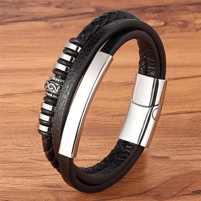 Men’s Stainless Steel & Genuine Braided Leather Punk Rock Bangles/Jewelry (Model No. BXXG1331)