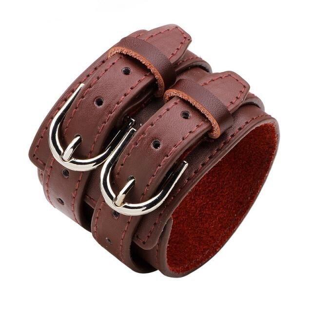 ZORCVENS Fashion Double Belt Leather Wrist Friendship Big Wide Bracelet for Men Buckle Vintage Punk Jewelry