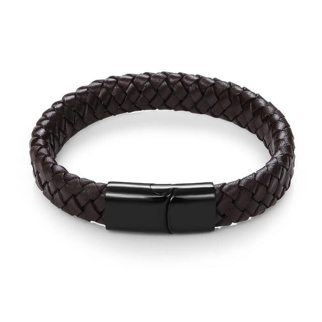 Jiayiqi: Men's Braided Leather Stainless Steel Magnetic Clasp Punk Style Bangles