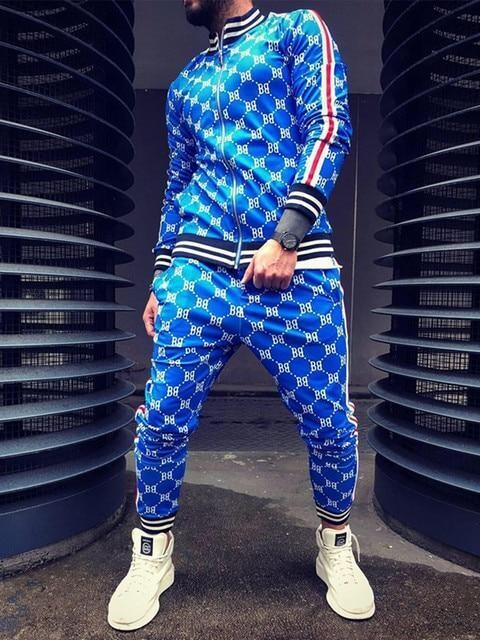 Slim Casual 3D Print Blue Tracksuits European-American Muscle Sport Suits