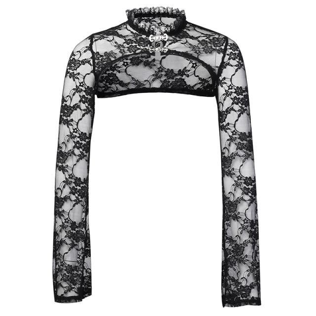 InsGoth Sexy Lace Short Sweatshirts Women Vintage Flower Embroidery Long Sleeve Sweatshirts Gothic Streetwear Party Elegant Tops