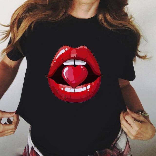 Women’s  Red Mouth Lip Kiss Printed Girl Black Tshirt Funny Leopard Graphic Tee Shirt