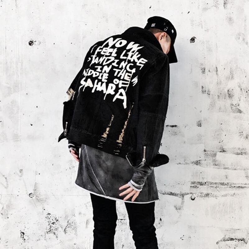 Men's Jean Jackets Streetwear Hip Hop Bomber Jacket Ripped Denim Jackets Casual Coat