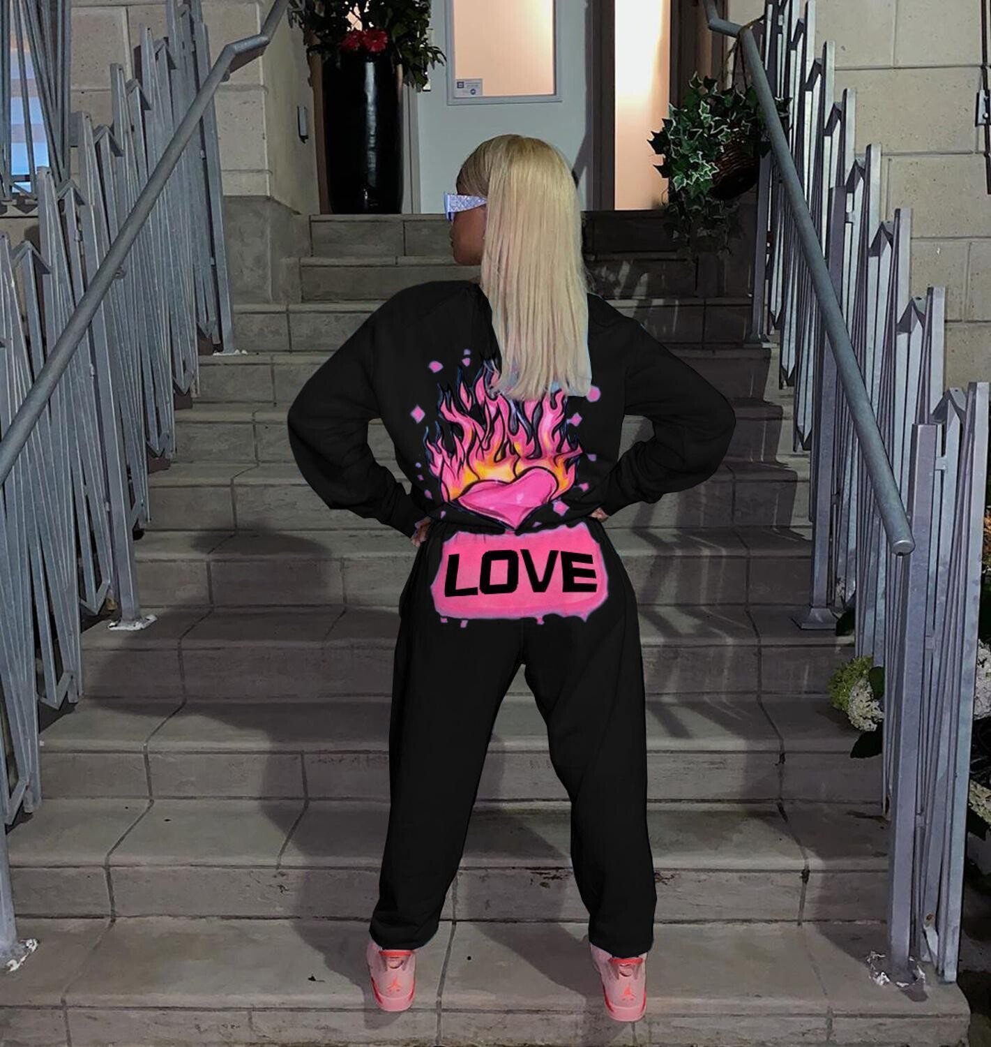 Heart Love Fire Letter Print Hooded Tops and Pants Casual Lounge Wear Two Piece Set Women Tracksuit Active Sportwear Street