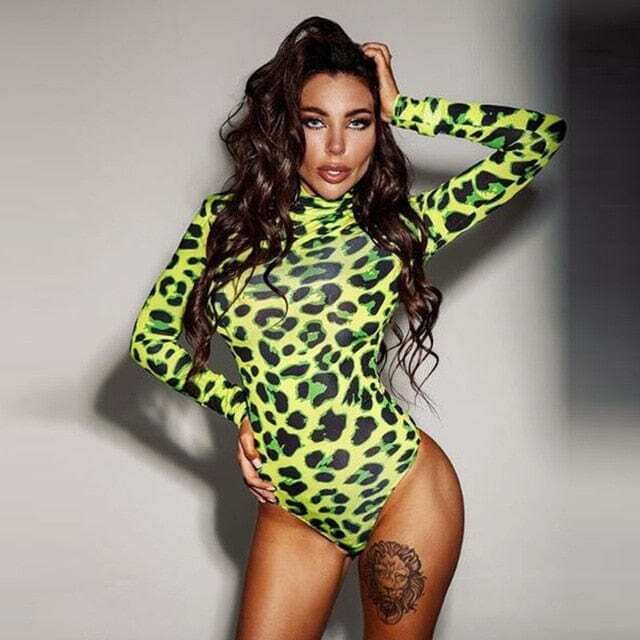 CNYISHE: Leopard Print Bodysuit Neon Green Streetwear Rompers