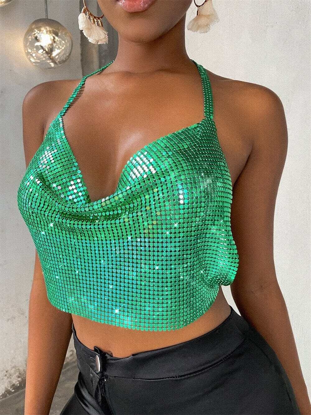 SRUBY Sexy Party Crop Top Sequined Halter Rhinestone Crop Top Women Summer Beach Party Club Top Backless See Through Ladies Tops