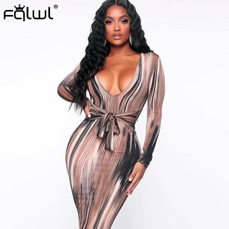 FQLWL: Women's Print Bandage Sexy Bodycon Maxi V Neck Long Sleeve Elegant Club Party Dress