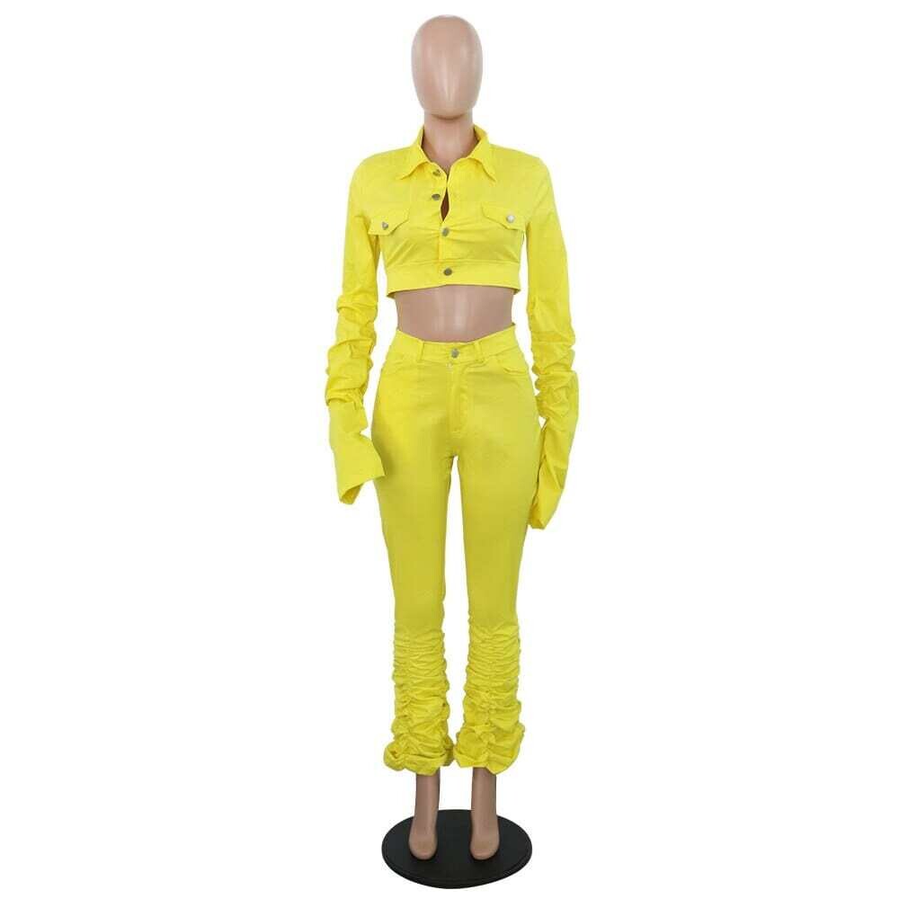 ADOGIRL: Short Button Up Jean Jacket + Long Flare Pants Slim Matching Set