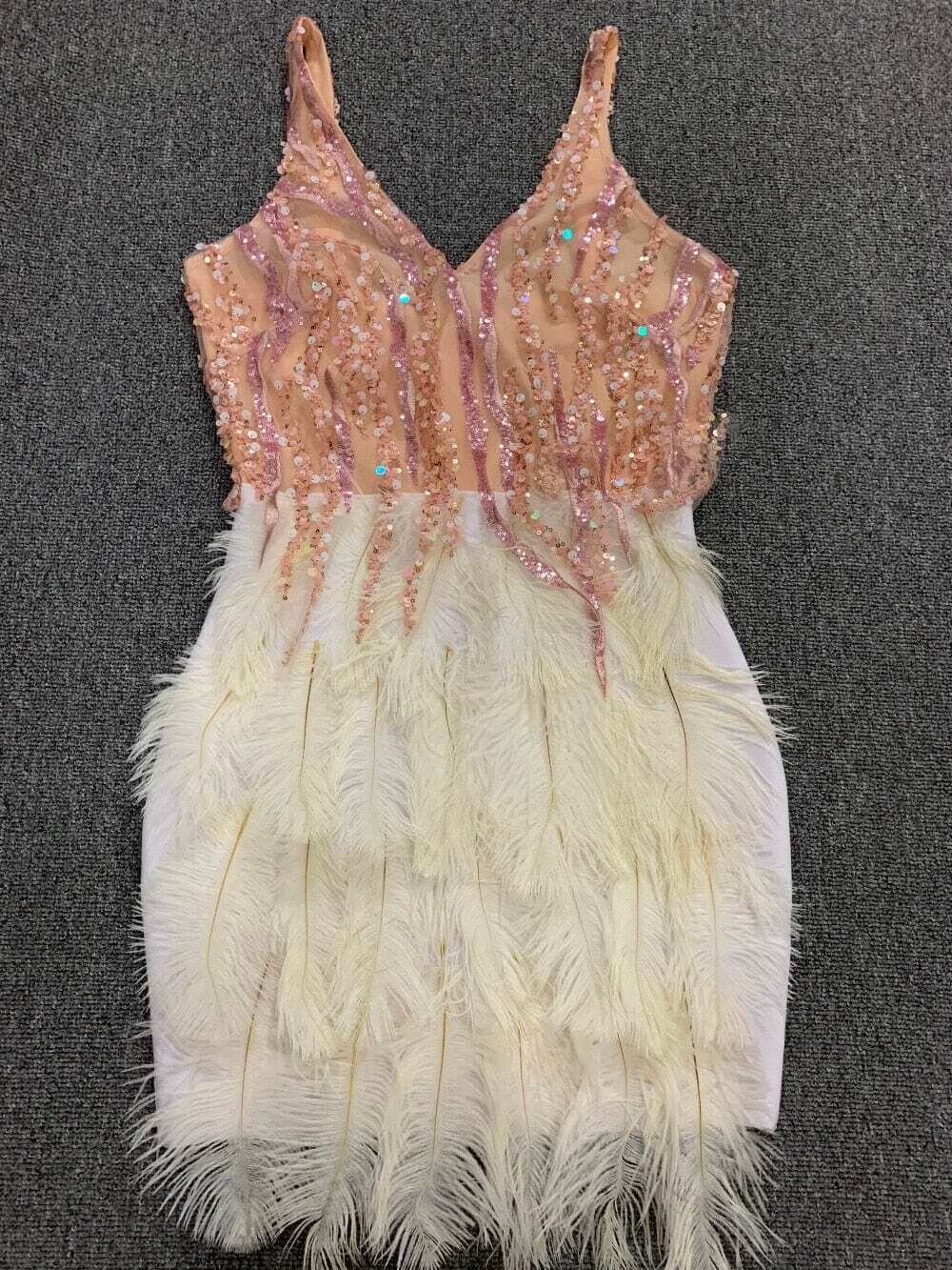 Pink White Feathers Rayon Bandage Dress Elegant Night Club Party Dress Vestidos