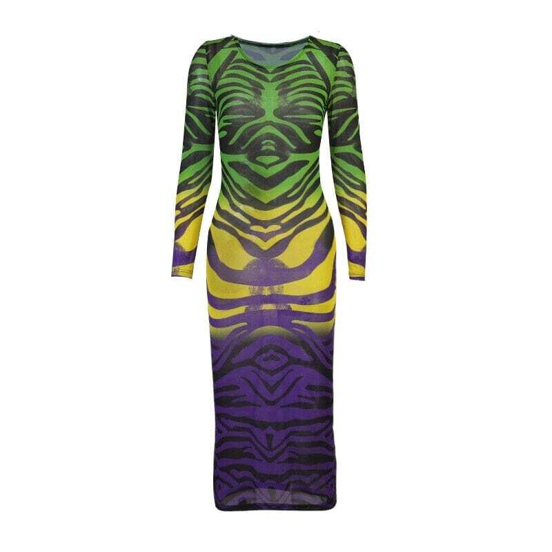 HAWTHAW: Women's Long Sleeve Printed Mesh See Through Fitted Dress