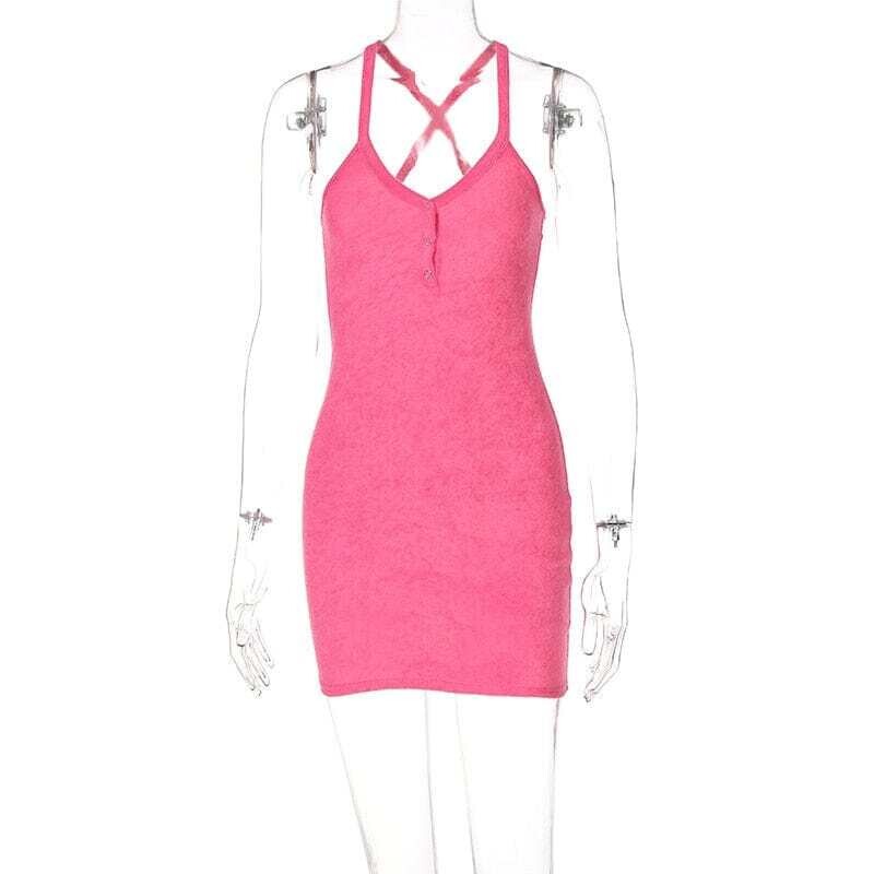 BOOZREY: Women's  Sexy Halter Deep v Bodycon Dress Hot Girl Low Cut Sling Mini Dress Pink Backless Night Club Party Streetwear
