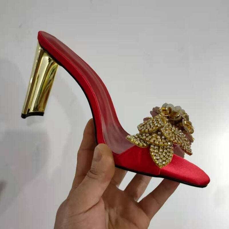 BTIQWMSH: Women’s Red Rhinestone Sandals Open Toe Sequined Flower Jewelled High Heel Shoes Woman Fashion Shoes