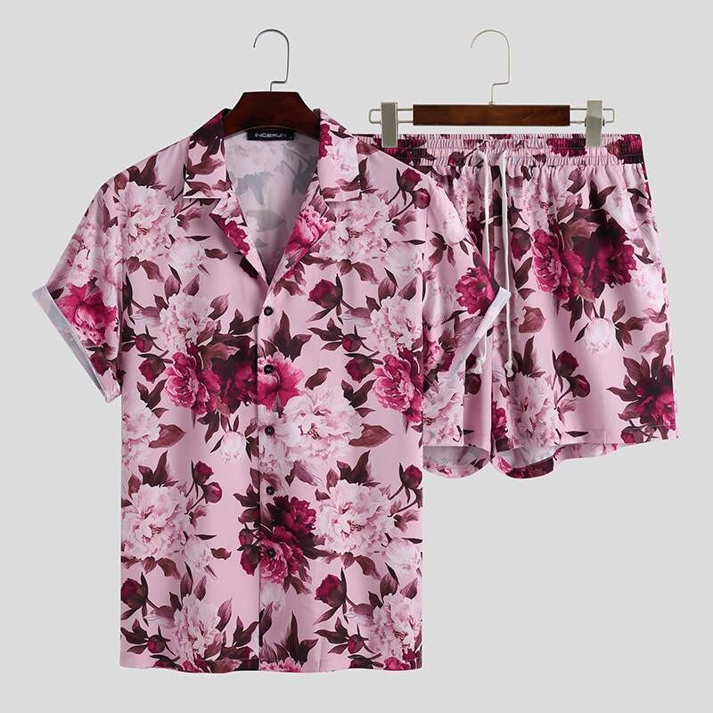 INCERUN: Men’s Flower Printed Vacation Breathable Beach Lapel Short Sleeve Shirt Shorts Streetwear Hawaiian Suits