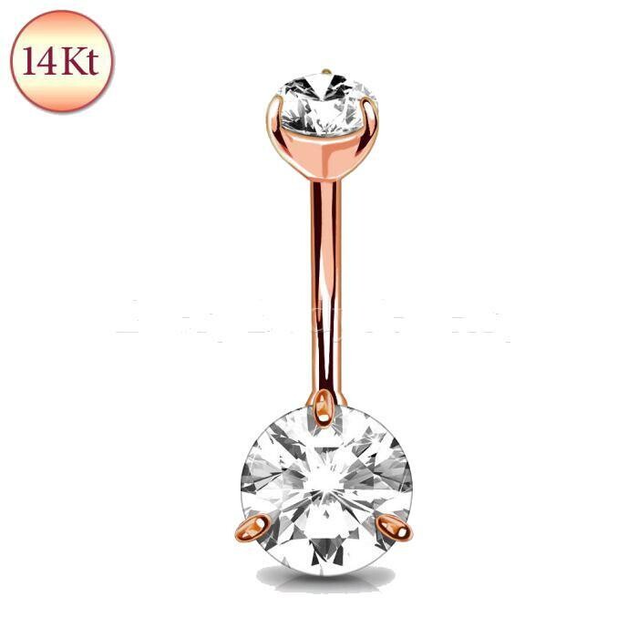 Navel ring in 14K rose gold with prong-set clear round CZ